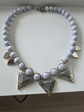 White Marbled Bead Statement Necklace with Geo Accents